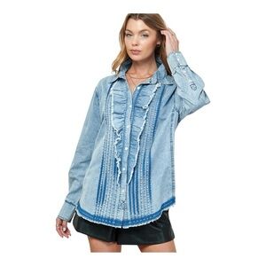 Cezele blue women’s ruffle button down blouse S